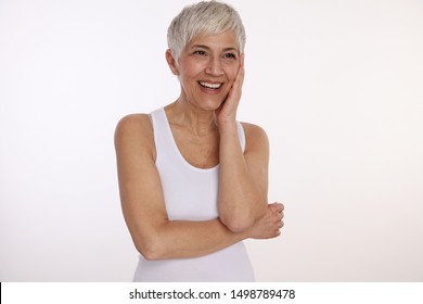 Happy Smiling Mature Woman Portrait On White Background. Aging Gracefully, Learning To Love My Wrinkles And Embrace Ageing