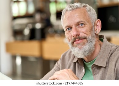 Happy Smiling Middle Aged Gray-haired Man Close Up Headshot. Older Senior Adult Bearded Male Hipster, 50 Years Old Elder Mid Age European Professional Business Man Looking At Camera, Indoor Portrait.