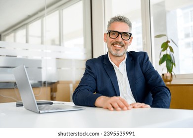 Happy smiling middle aged professional business man company executive ceo manager wearing blue suit sitting at desk in office working on laptop computer laughing at workplace. Portrait. - Shutterstock ID 2395539991