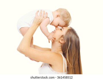 Happy Smiling Mother With Baby Having Fun Together On White Background