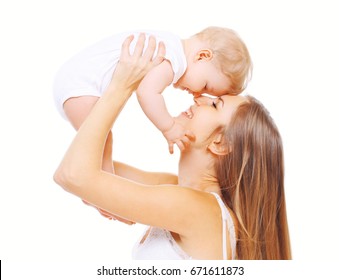 Happy Smiling Mother And Baby Having Fun On A White Background