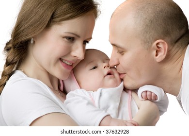 Happy smiling parents with baby, isolated on white