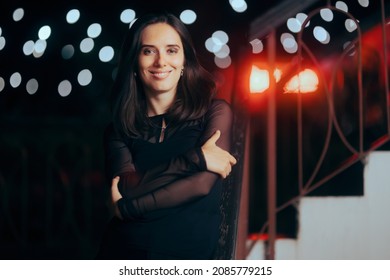 Happy Smiling Party Host Standing Outdoors. Woman Celebrating Anniversary Throwing A Formal Festive Event 
