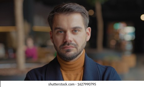 Happy Smiling Portrait Face Young Attractive Man Look At Camera Successful Lifestyle Achievement Cheerful Casual In Office Indoors Close Up Slow Motion