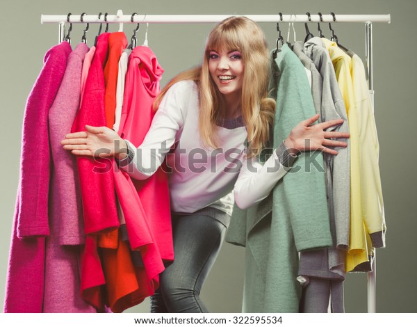 Happy Smiling Pretty Woman Choosing Clothes Stock Photo Edit Now