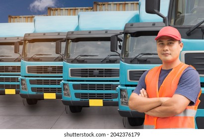 Happy Smiling Proud Confident Asian Young Man Beard Professional Truck Driver In Business Long Transport. Male Owner Small Business Transportation Trucking Driving And Delivering Goods To Warehouse.