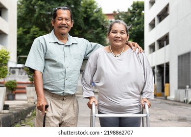 Happy Smiling Senior Husband And Wife, Family Life Of Aging Couple With Supporting Couple, Good Aging Society Concept