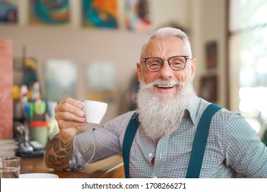 Happy Smiling Senior Man Drinking Coffee In Bar Restaurant - Hipster Trendy Older Male Portrait - Lifestyle People Concept 