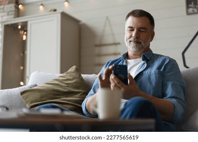 Happy smiling senior man using smartphone device while sitting on sofa at home. Mature man lying on couch reading messages on mobile phone, relaxing at home. - Powered by Shutterstock