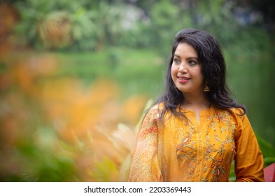 Happy Smiling South Indian (Bangladeshi) Beautiful Girl At Outdoor Park