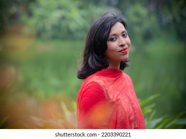 Happy Smiling South Indian (Bangladeshi) Beautiful Girl At Outdoor Park