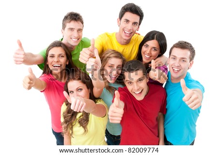 Happy smiling successful young friends showing thumb up isolated on white background