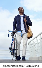 Happy Smiling Walking Bike In The City African Black Man