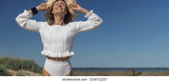 happy smiling woman at beach, summer fashion lifestyle - Shutterstock ID 2156712257