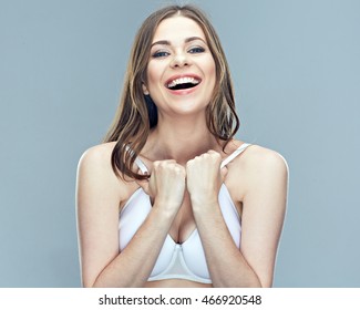 Happy smiling woman with big breast. Portrait female health concept.