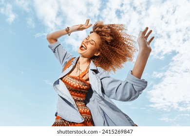 Happy Smiling Woman Dancing on the Beach, Enjoying the Freedom and Beauty of Nature - Powered by Shutterstock