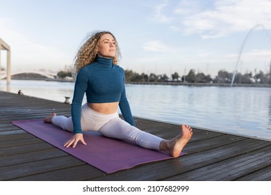 Happy Smiling Woman Doing Exercises In Park, Yoga Teacher