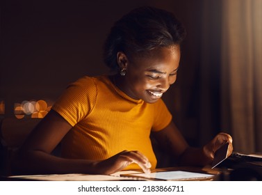 Happy, Smiling Woman Paying Bills, Loans And Shopping Online On Her Tablet In The Late Evening At Home. Single African American Female Downloading Dating Apps And Making Payment