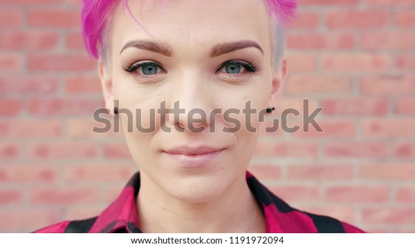 Happy Smiling Woman Pink Short Hair Stock Photo Edit Now 1191972094