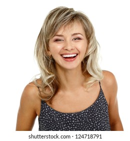 happy smiling woman portrait mid adult, attractive caucasian middle 40 years old woman over white