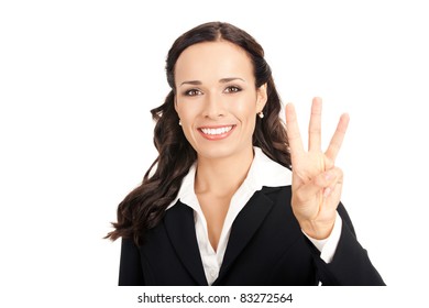 Happy Smiling Young Business Woman Showing Three Fingers, Isolated On White Background