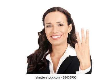 Happy Smiling Young Business Woman Showing Three Fingers, Isolated On White Background