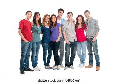 Happy Smiling Young Group Of Friends Standing Together Isolated On White Background