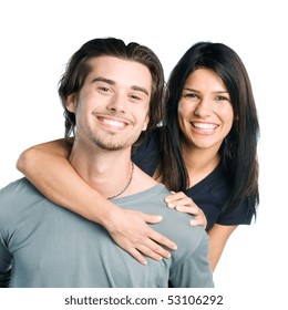 Happy Smiling Young Latin Couple Piggyback Isolated On White Background