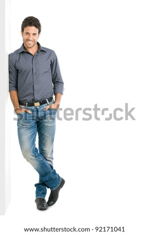 Similar – Image, Stock Photo Hispanic guy leaning on hand sitting against colorful illumination with opened mouth