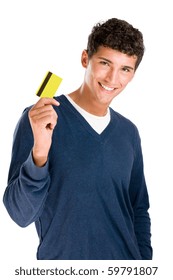 Happy Smiling Young Man Showing Credit Card Isolated On White Background