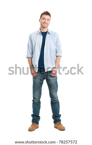 Happy smiling young man standing full length isolated on white background