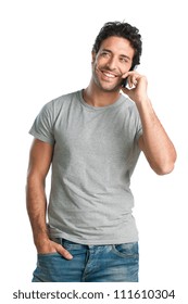 Happy Smiling Young Man Talking On Mobile Isolated On White Background