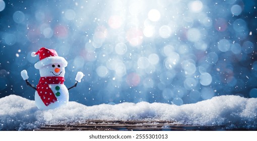 Happy Snowman On Snow Covered Wooden Table At Night With Shining Light, Falling Snow And Bokeh Background - Christmas And Winter
 - Powered by Shutterstock