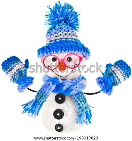 happy snowman spectacled in knitted blue hat and scarf and mittens- isolated on white background