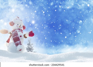  Happy Snowman Standing In Winter Christmas Landscape 