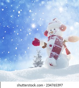  Happy Snowman Standing In Winter Christmas Landscape 