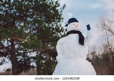 Happy Snowman Using Smart Phone  At Park