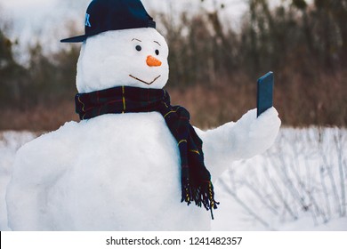 Happy Snowman Using Smart Phone  At Park