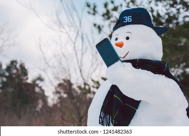 Happy Snowman Using Smart Phone  At Park