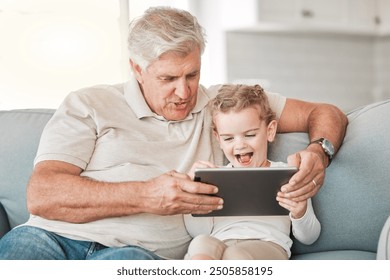 Happy, sofa and grandfather with child on tablet for watching videos, online cartoons and streaming movies. Family, home and grandpa with girl on digital tech for bonding, relationship and relax - Powered by Shutterstock