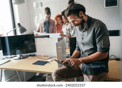 Happy software developers working on meeting, Programming advanced code artificial intelligence.