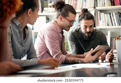 Happy software developers working on meeting, Programming advanced code artificial intelligence.