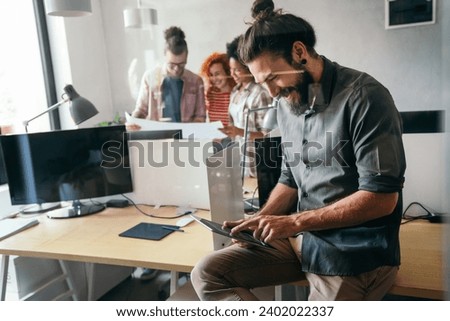 Happy software developers working on meeting, Programming advanced code artificial intelligence.