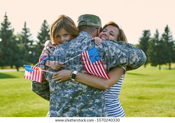 Happy Soldier His Family Sunny Day Stock Photo 1070240330 