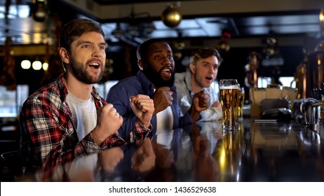 Happy Sport Fans Watching Tournament In Pub, Cheering For Favorite Team, Victory