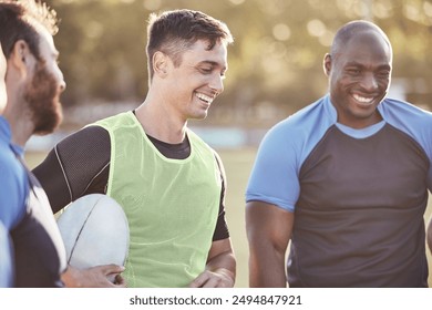 Happy, sport and rugby team outdoor with group huddle and laughing for competition success and fitness. Smile, field and match with healthy men in professional club with athlete talking and bonding - Powered by Shutterstock