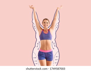 Happy sporty woman after weight loss color background