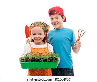 Happy Spring Gardening Kids With Seedlings And Tools - Isolated