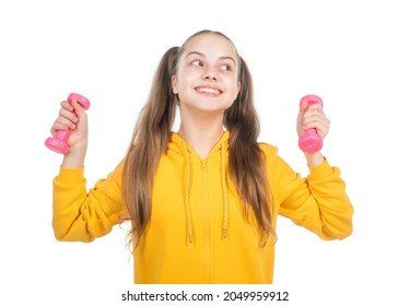 Happy Strong Teen Girl Training With Barbells Isolated On White, Fitness