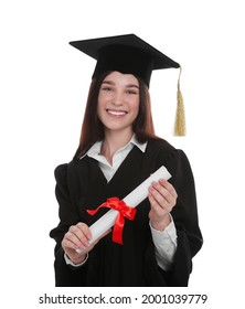 Happy Student In Academic Dress With Diploma On White Background